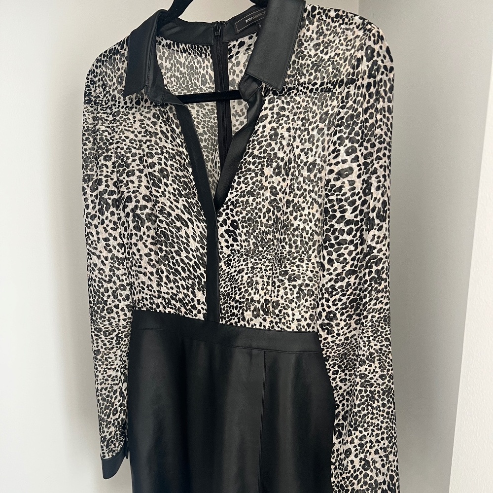 BCBG Leather & Leopard Asymmetrical Dress